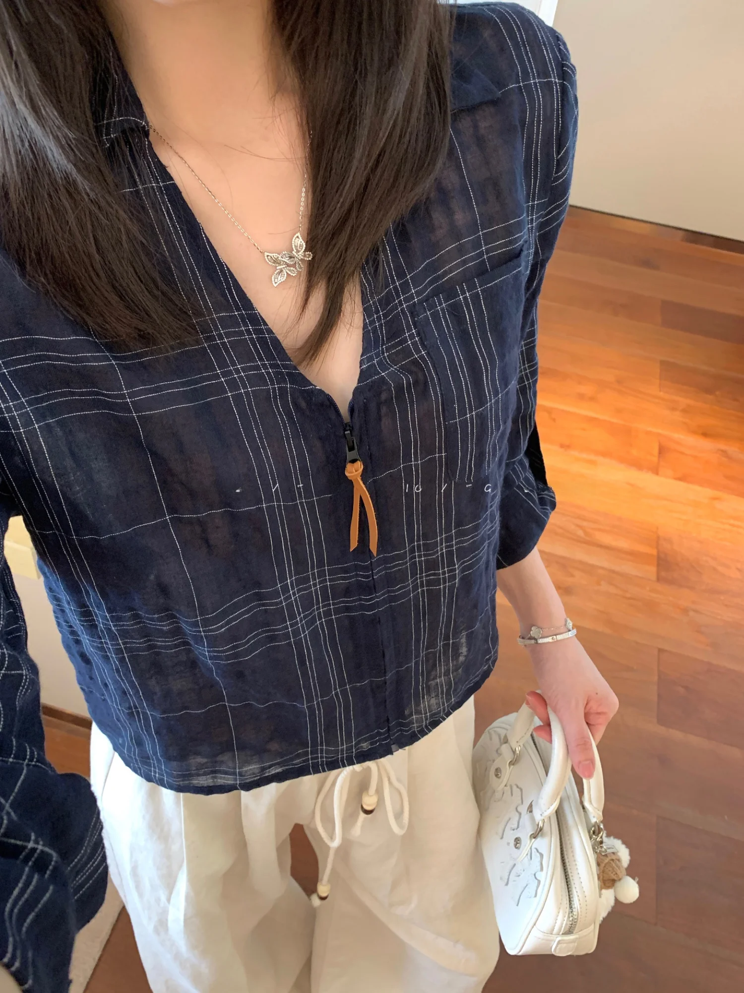 

Ego Studio Linen Cotton Zipper Open Cardigan Loose Feel Simple Design Women's irt Commute Sle Long Sve round Ne