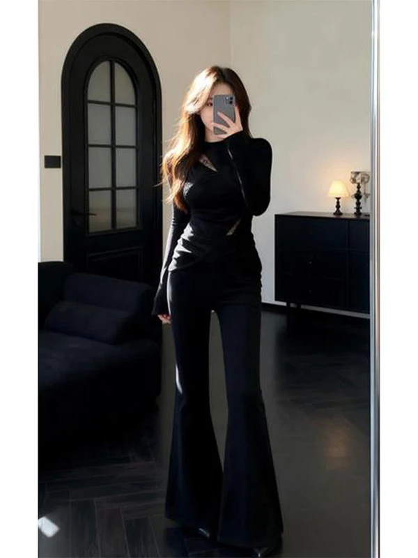 Black Lace Splice Long Sleeve round Neck Asymmetric T-Shirt Women's Winter New Style Cleanfit Waist Cinched Top for Teens
