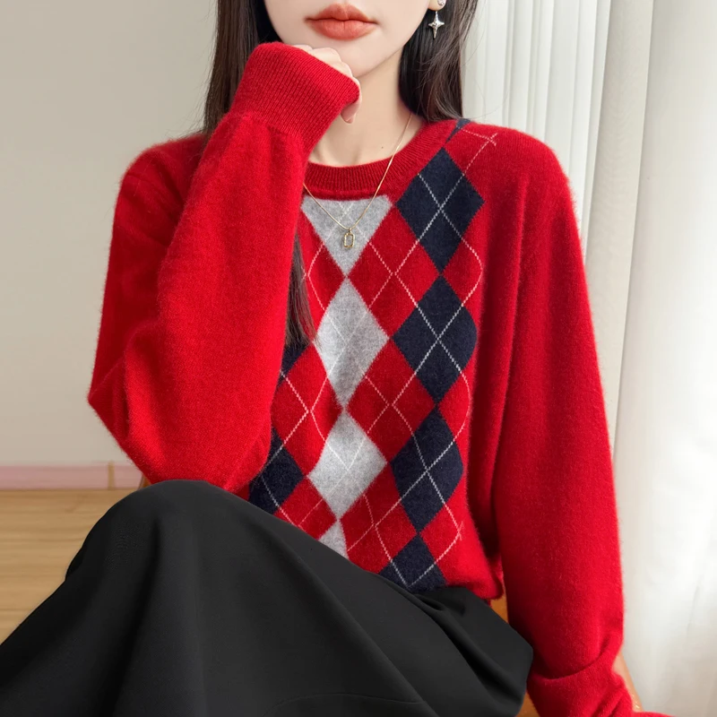 Suéter feminino 100% lã com padrão de diamante, gola redonda, manga comprida, pulôver macio e quente de lã merino, outono inverno, tops básicos