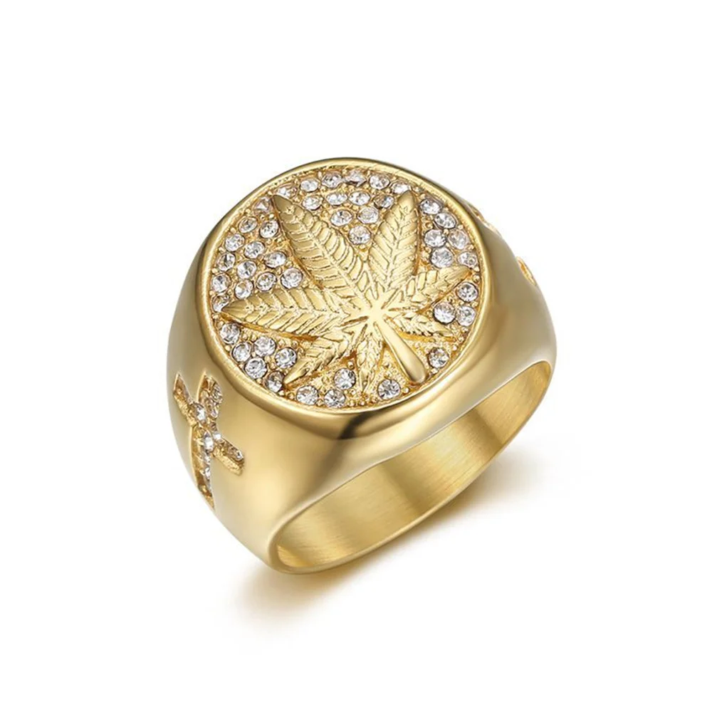 

Hip Hop Iced Out Hemp Leaf Ring Male Gold Color Stinless Steel Cubic Zirconia Rings For Men Hippie Jewelry Gift Dropshipping