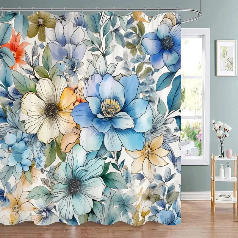 Beautiful Botanical Floral Shower Curtain Watercolour Style Floral Landscape Washable Fabric Shower Curtains Bathroom Decoration