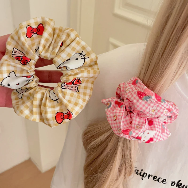 Sanrio Kawaii Hello Kitty Headband Cartoon Plaid Hair Ring Girls' Headwear Cute Student Rubber Band Hair Rope Accessories Gift