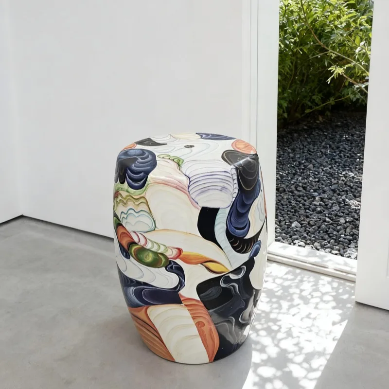 

Italian Modern Sofa Side Table, Living Room Creative Hand-painted Low Stool, Entrance Shoe Bench, Round Stool