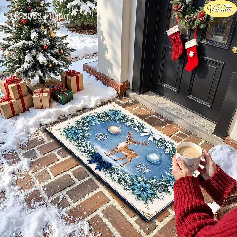 VIKAMA Blue Winter Deer Poinsettia Bow Entryway Rug Non Slip Low Profile Mats for Outside Front Door Xmas Decor Washable