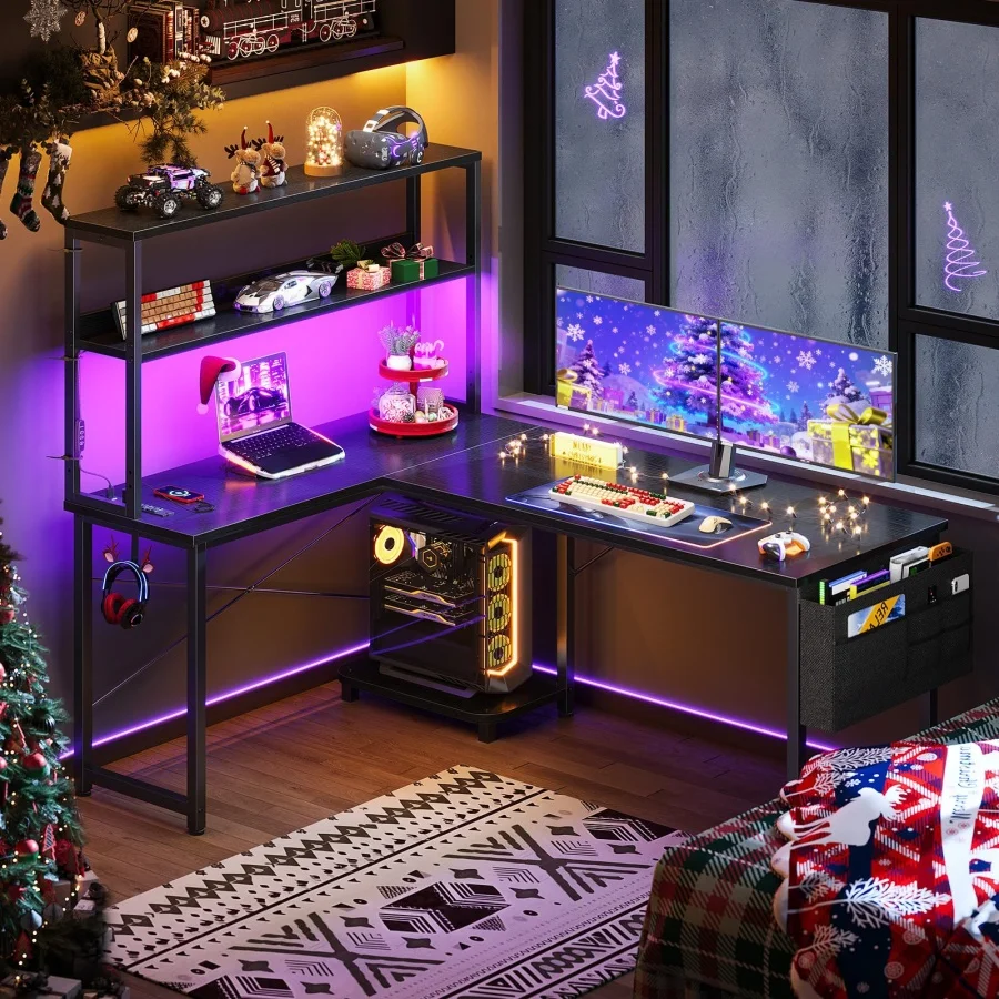

53-дюймовый L-образный игровой стол с LED-подсветкой, реверсивный стол с розетками, угловой компьютерный стол с полками для хранения