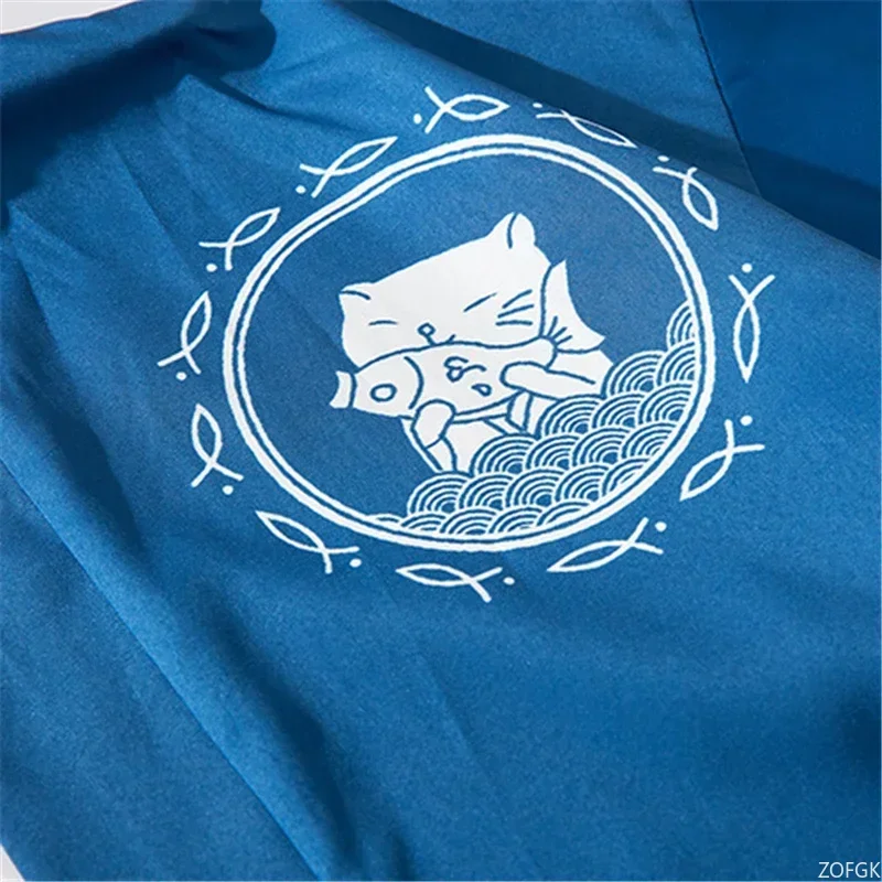 كيمونو ياباني مطبوع عليه قطة، كيمونو رفيع للرجال، ملابس الشارع اليابانية، أزرق، كاجوال، ملابس خارجية كرتونية