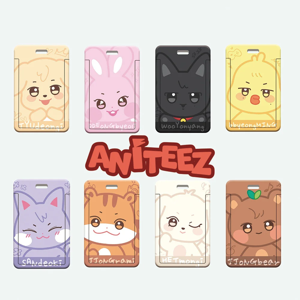 

Kpop ATEEZ Card Holder ANITEEZ Cartoon Cute White Leather Rope Keychain Student Meal Card Bus Card ID Card Yunho Yeosang Gift