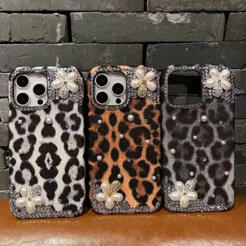 جديد آيفون 16pro جراب هاتف 15plus ليوبارد 14pro زهرة على شكل حجر الراين 13 12 مكافحة قطرة 11 XR ملابس جلدية الغطاء الواقي #2