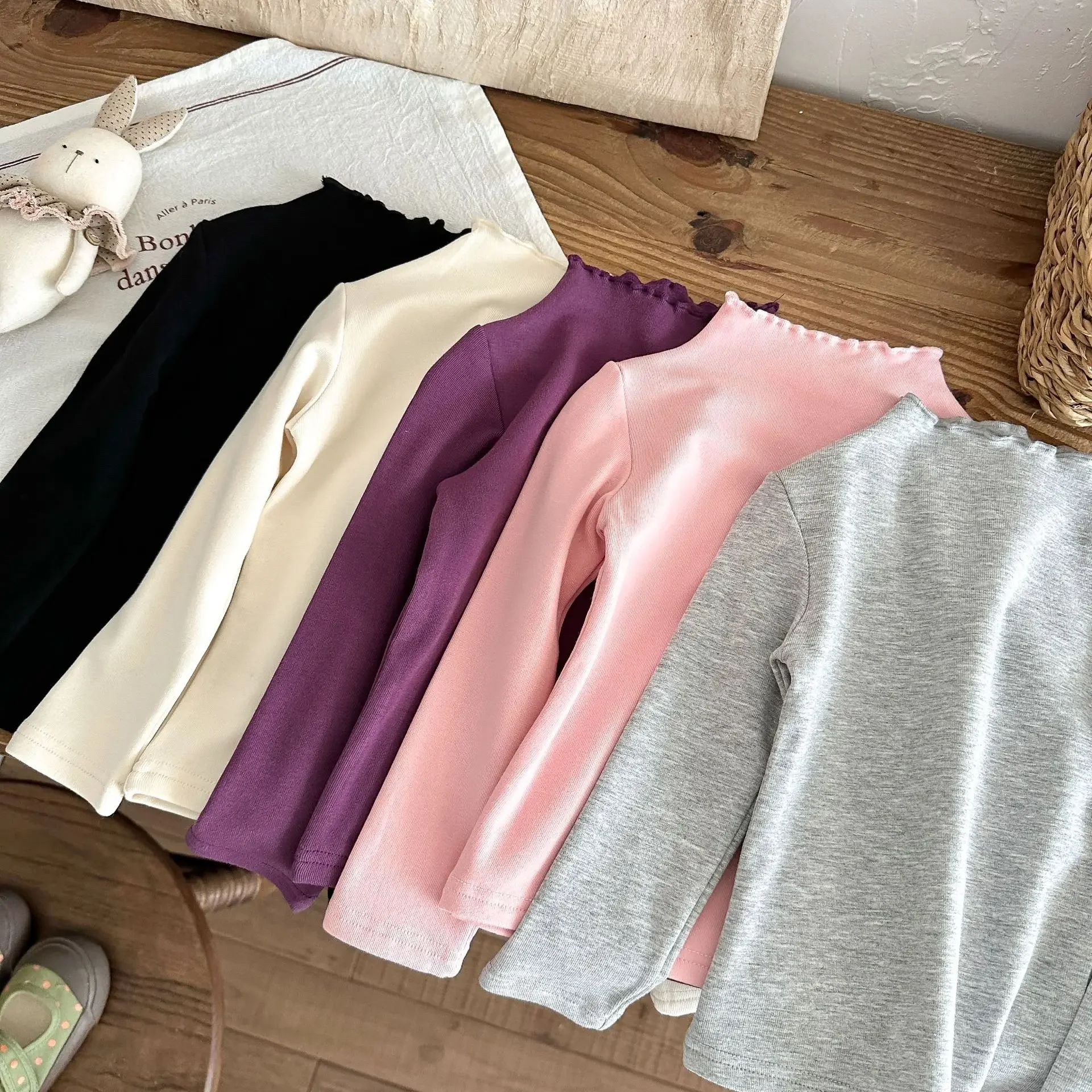 2-7Y Mädchen Kleidung Rüschen High Neck Langarm T-Shirt Herbst Koreanischen Stil Kinder Einfarbig Innere Basis Top