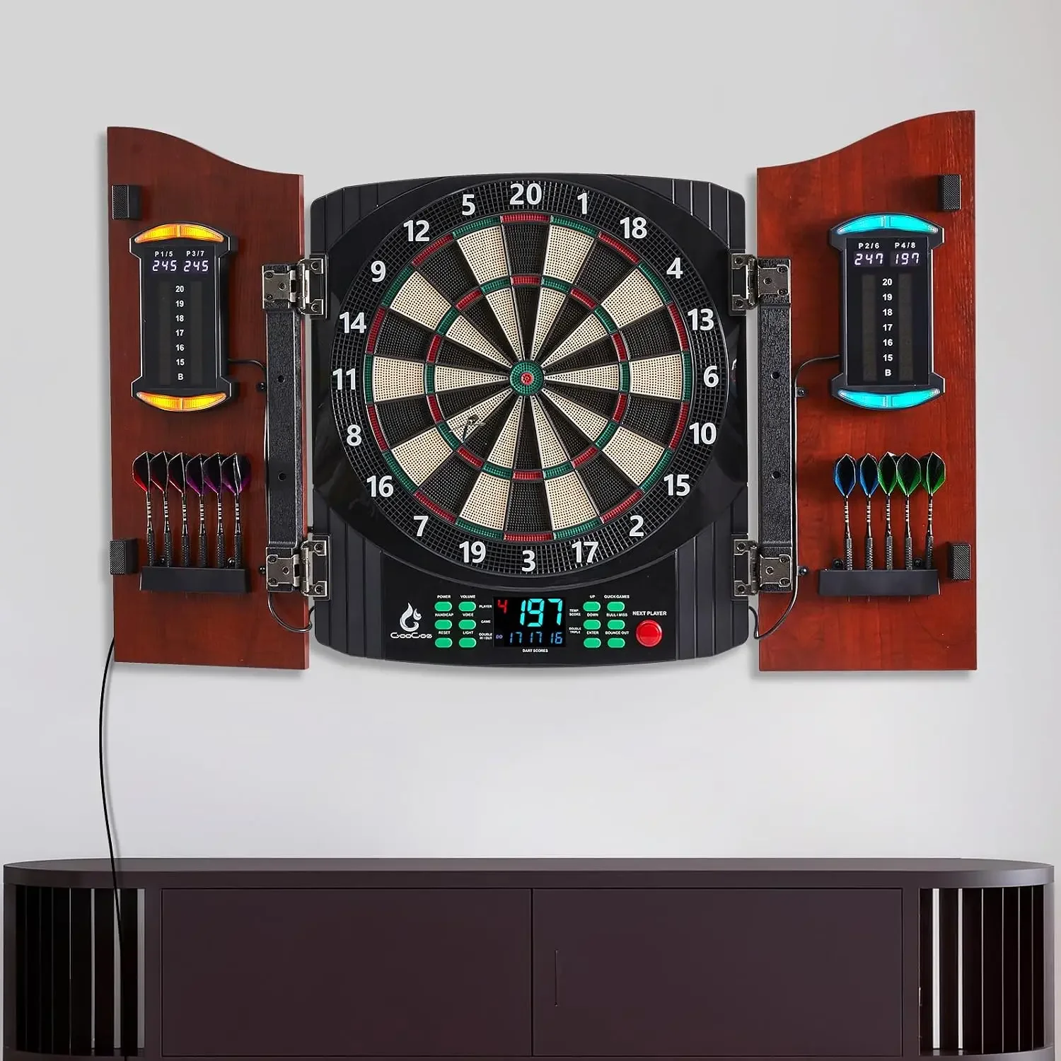 Electronic Dart Board with Wooden Door, Light Effects & Heckler Mode Electric Dartboard with 12 Darts & 100 Soft Tips, 50 image 13