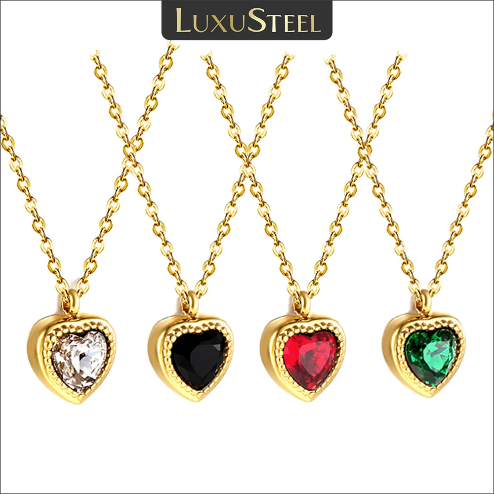 LUXUSTEEL Exquisite Stainless Steel Crystal Heart Pendant Necklace For Women Girls Red Green Cubic Zirconia Love Y2K Jewelry