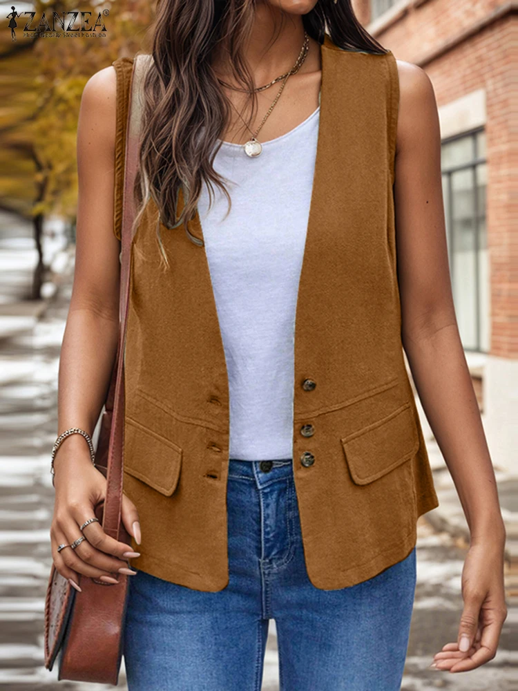 

ZANZEA Fashion Solid Vests Women Buttons Elegant Streetwear Casual Coats 2025 Autumn Ladies V-Neck Sleeveless Outwear Oversized