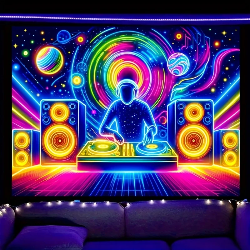 VIKAMA Neon DJ Tapestry Cyber Starry Sky Electronic Music Party Background Cloth Bar Electronic Music Room Decoration