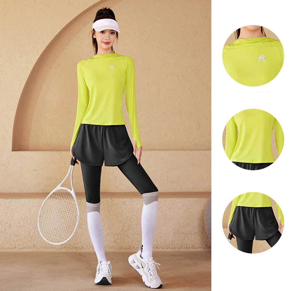 Trend Women Running Outdoor Sport Clothes 2 Pieces Set Long Sleeve Tight Shirt 2 Layer Shorts Leggings Quick Dry Yoga Sportswear