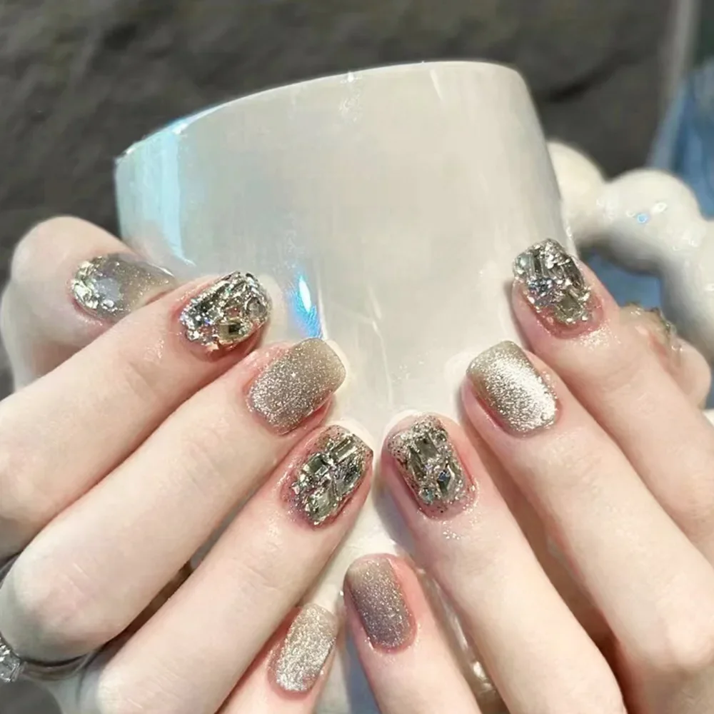 Japonés coreano brillante Rhinestone perla cristal brillo polvo uñas postizas arte uñas postizas encantos punta prensa en uñas manicura