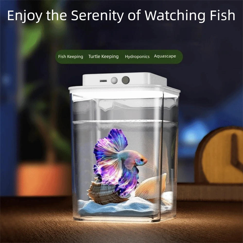 

Transparent Betta Fish Tank Intelligent Sensing LED Light Fish Breeding Tank with Feeding Hole USB Charging Desktop Fish Bowl