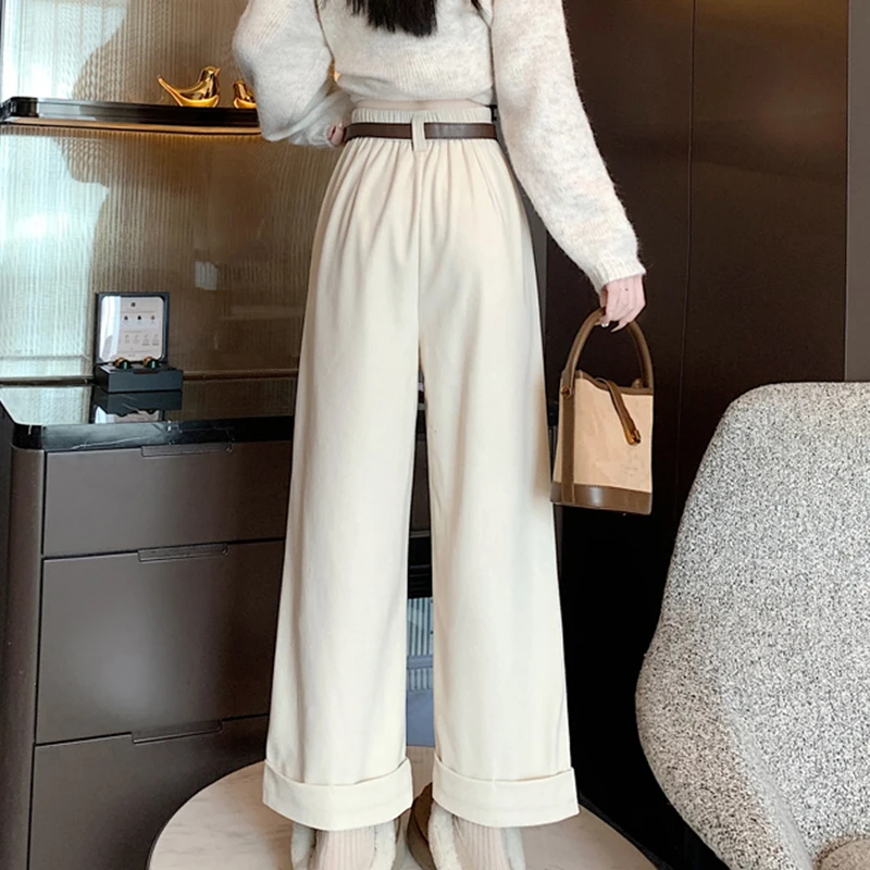 QOERLIN 2024 Autumn Winter New Corduroy Pants Women's Clothing Belt Casual Wide Leg Pants Slim Versatile Retro Style Solid Color