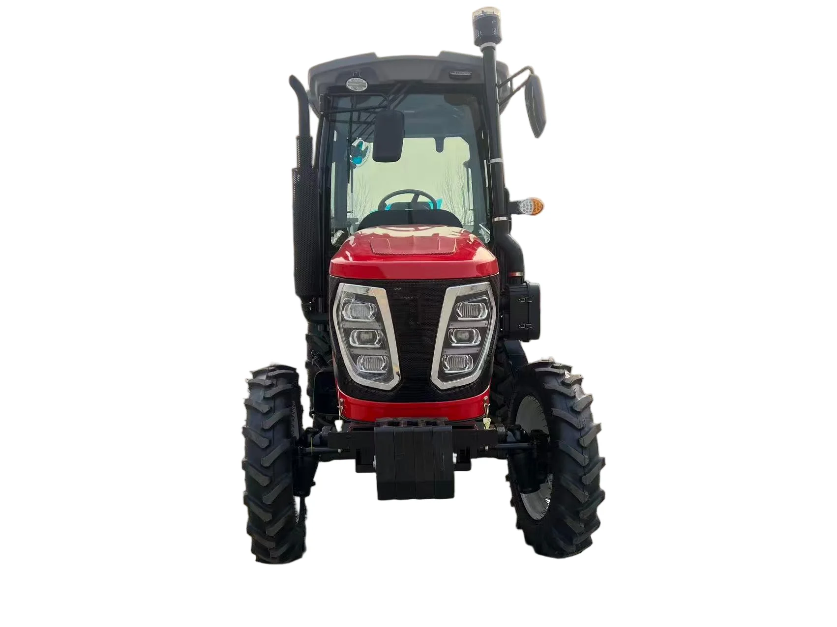 4x4 wheeled agricultural tractor with accessories. 50 HP tractor with mini front-loading wheeled tractor for agriculture.