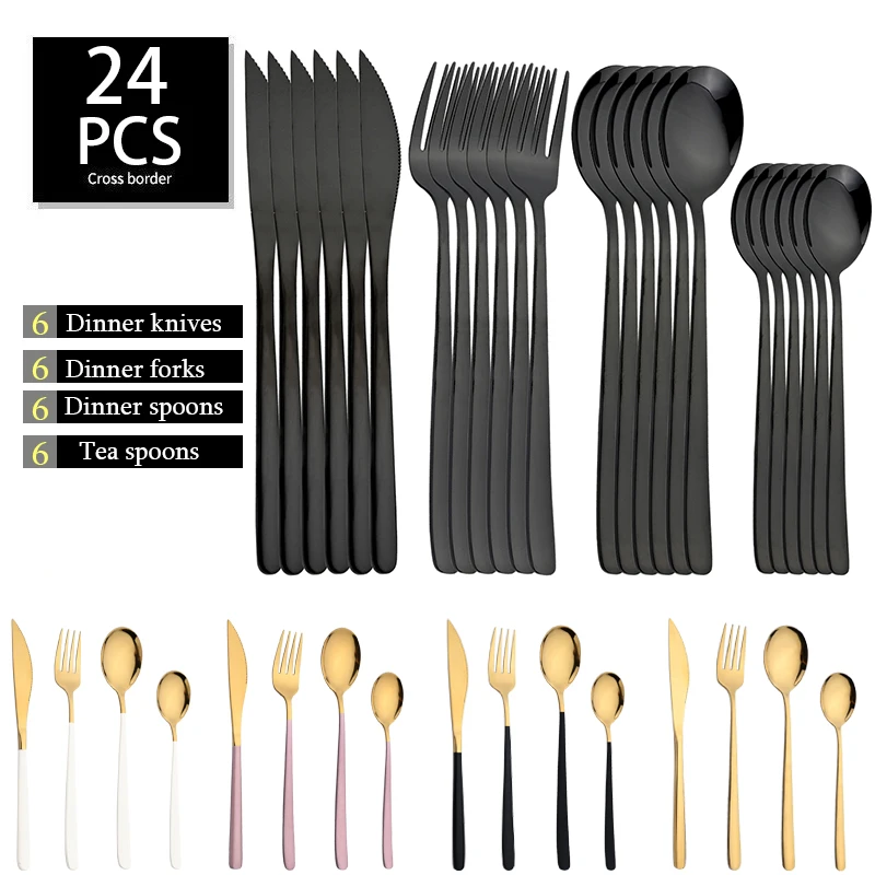 

JANKNG 24Pcs Cutlery Set Stainless Steel Knife Fork Spoon Dinnerware Mirror Flatware Kitchen Tableware Set Wedding Hotel Supply