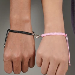 2 Pcs Handmade Heart Magnet Bracelet Set for Women Men Fashion Adjustable Braided Couple Bracelet Lover Friendship Charm Jewelry
