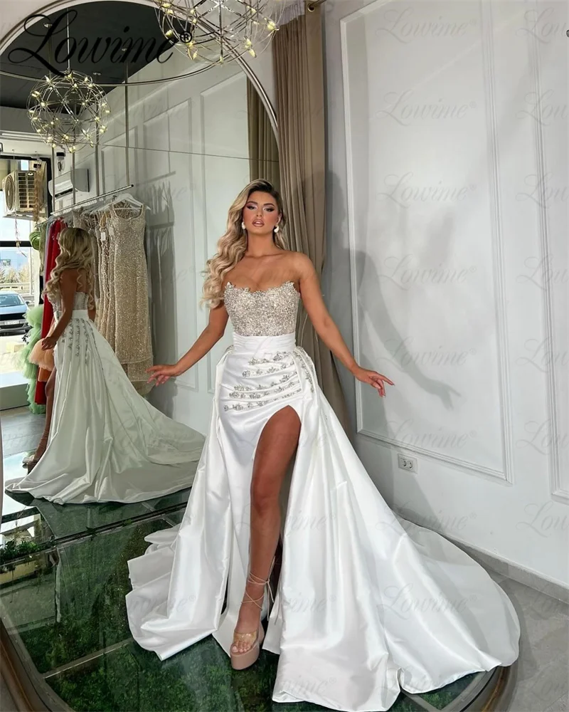 Crystal 2 In 1 White Prom Dresses Strapless Satin Elegant Evening Dress Mermaid With Long Train Split Side Party Gowns Customize