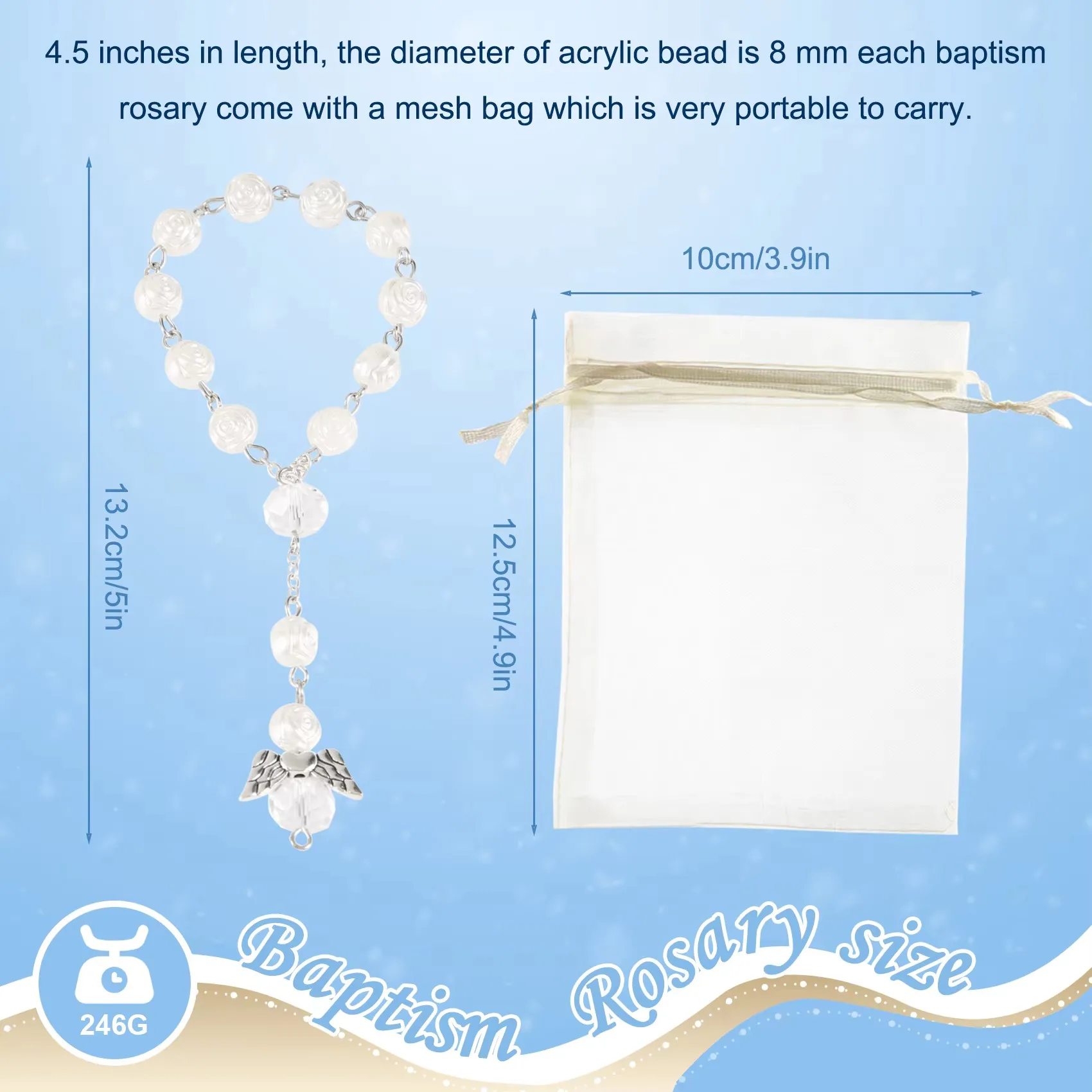 20 Pcs Rosary Favors Baptism Favors Acrylic Rosary Beads Mini Rosaries Angel with Organza Bags for Christening