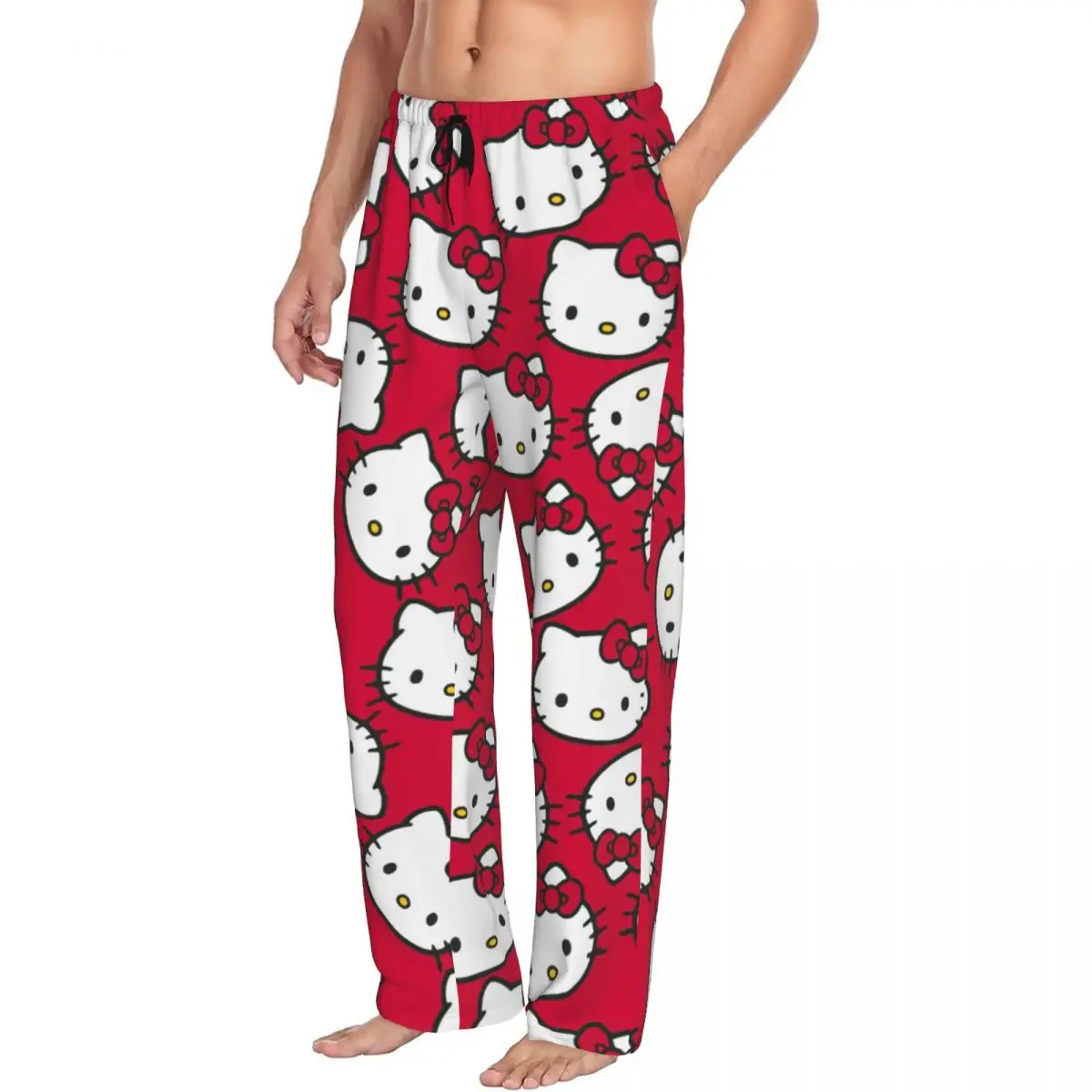 Pantalones de pijama con lazo de Hello Kitty para hombre, ropa de dormir de Anime de dibujos animados personalizada, pantalones de dormir elásticos con bolsillos