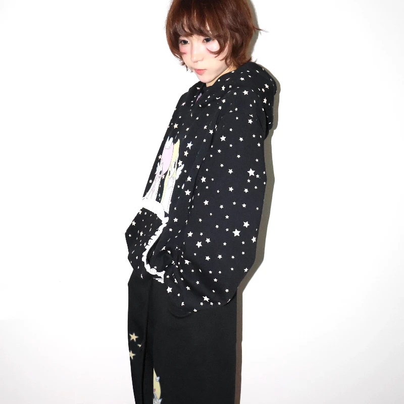 Japanese Design Black Star Print Women's Pullover Autumn Sweet Cool Illustration Loose Lace Versatile Hooded Sweatshirt Ladies