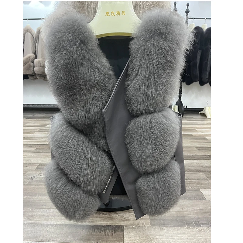 2024 turndown collar 100% Real Fox Fur Vests Women Natural Fur Gilets Lady Luxury Waistcoat Leather with zip Autumn Winter