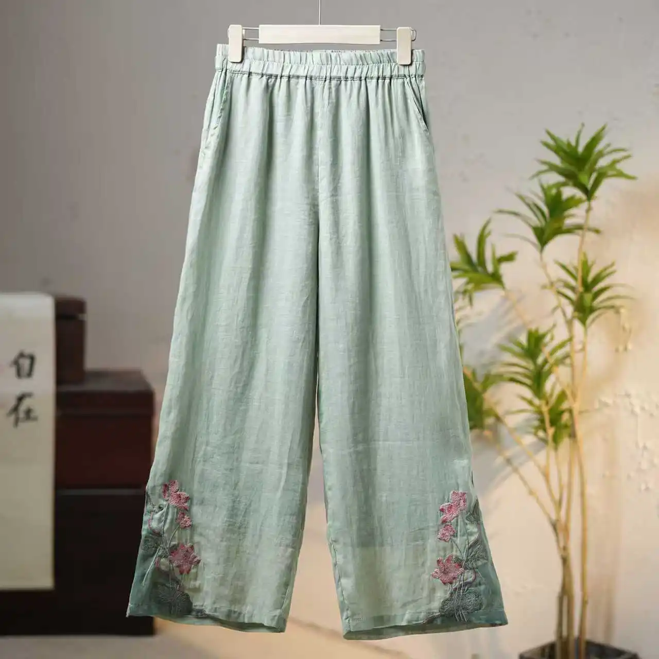 Summer Chinese Style National Style New Women Color Blocked Embroidered Ethnic Cotton Linen Retro Loose Elastic Wide Leg Pants