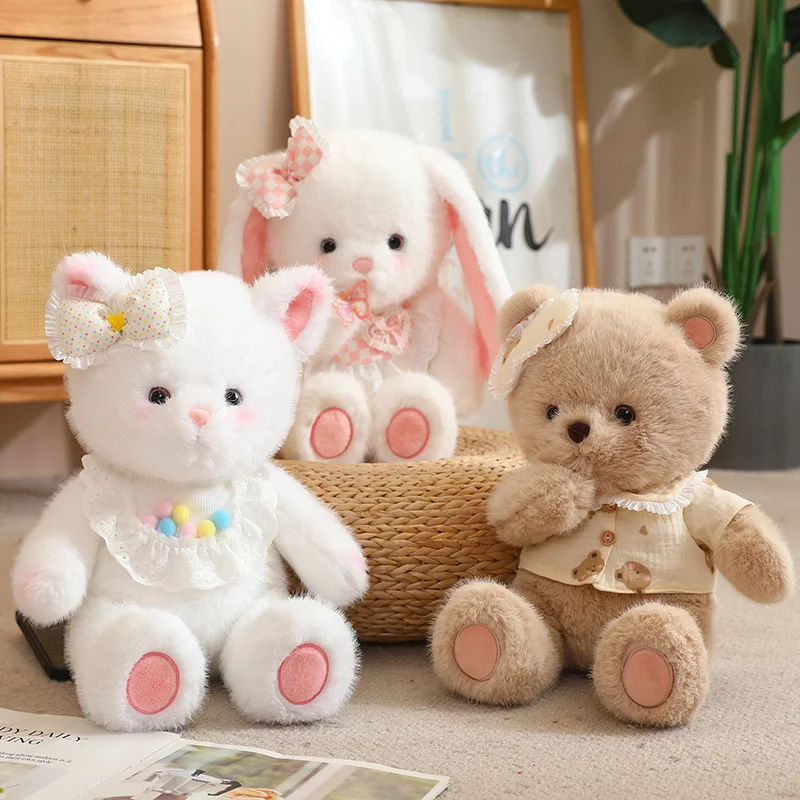 Flauschiger Plüsch weißer Teddy braunbär weißer Baby hasen fuchs mit Lätzchen kleid niedliche leckere Stofftiere kuschelig umarmen Spielzeug