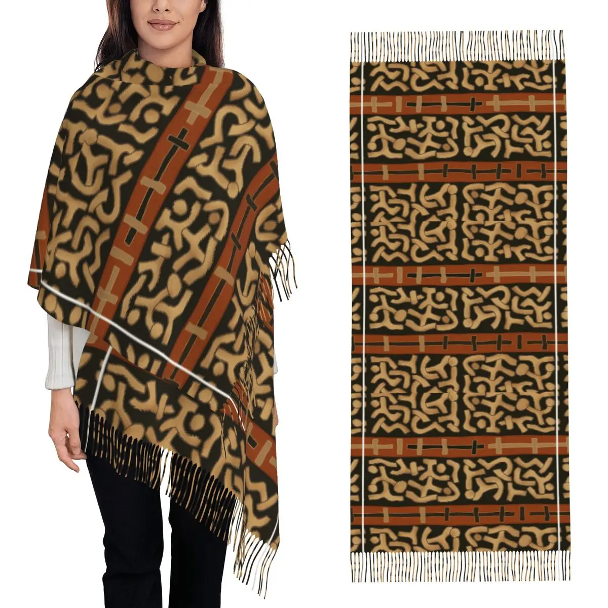 African Kuba Fabric Scarf Tassel Scarves Women Soft Warm Shawls and Wraps Long Fall Winter Shawl Wrap