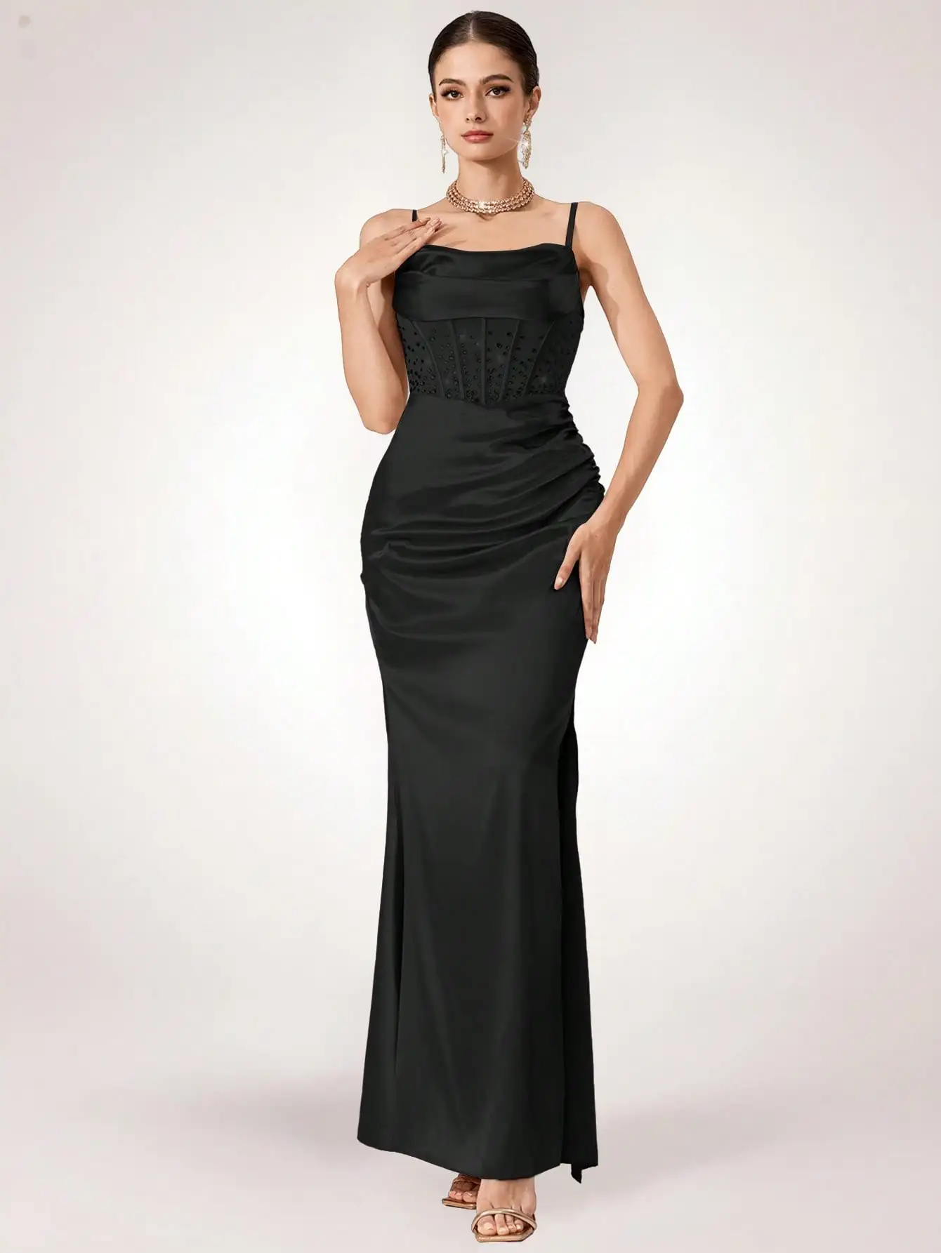 Robe de soirée longue en satin noir avec corset transparent orné de strass, coupe amincissante pour bal de promo, mariage, fête