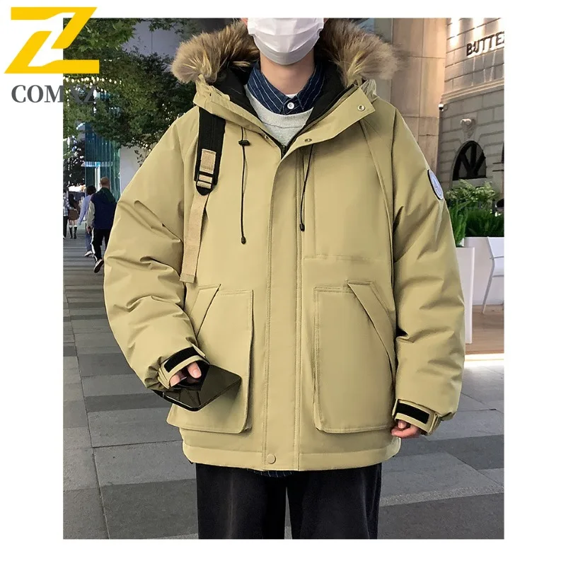 COMXZ Warm Puffer Jacket Fur Collar Lightweight Multi-Pocket Travel Winter Jacket Commuting Handsome Quilted Jacket Men Clothing