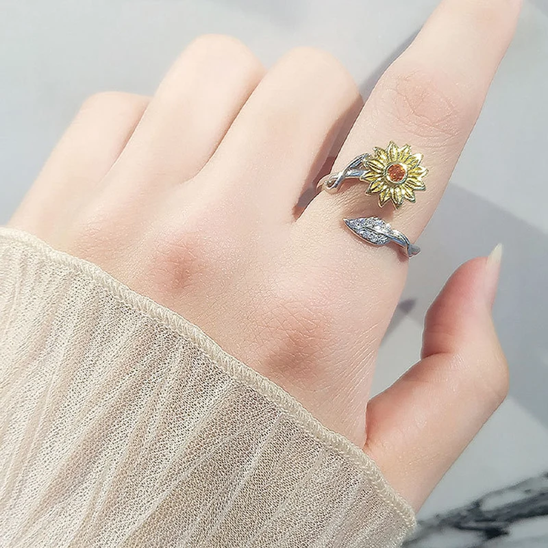 Sunflower ring female European and American rotation creativity you are my sunshine fine-tuning compression ring Valentine's Day