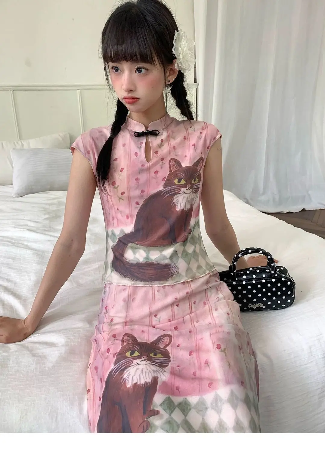 Women Y2K Cat Print Two Piece Set Pink Chinese Style Frog Button Top Midi Skirt Kawaii Harajuku Vintage Gothic Summer Outfit view 3