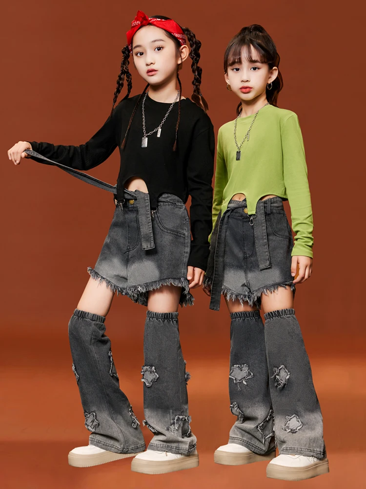 Ragazze Jazz Dance Clothes maniche lunghe Cropped Tops Fashion Jeans Kpop Performance clotume Group Hiphop Suit Stage Wear BL11568