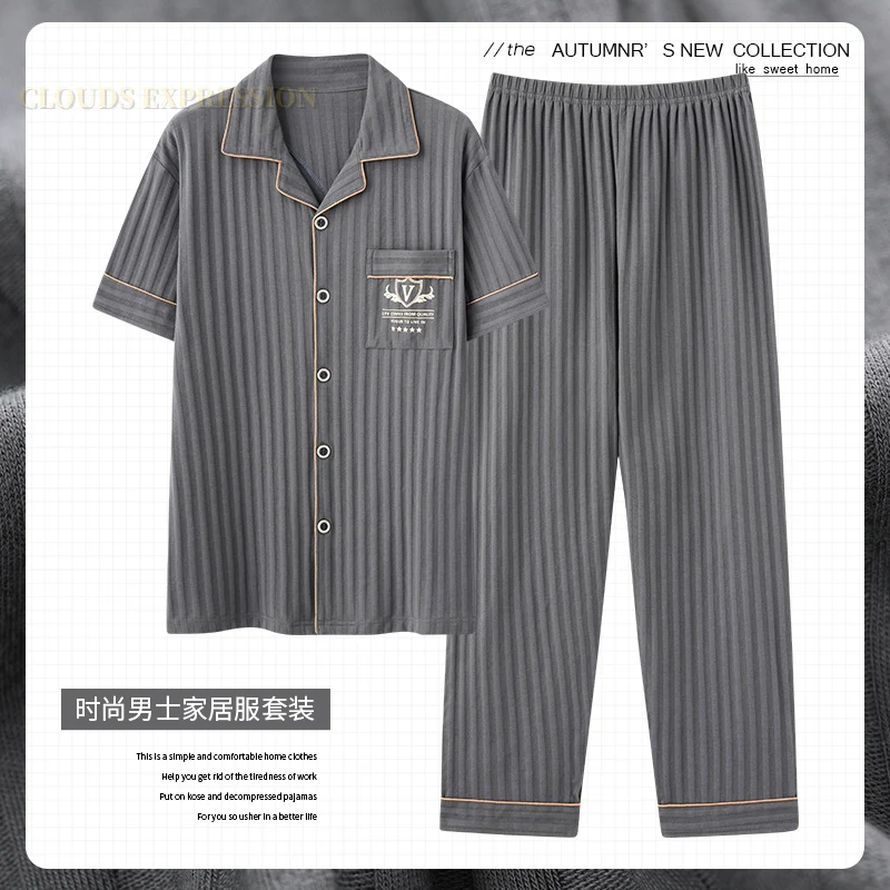 L-5XL letnie luksusowe piżamy dzianiny bawełniane męskie piżamy zestawy długie spodnie piżamy piżamy nocne piżamy Plus rozmiar Homewear PJ