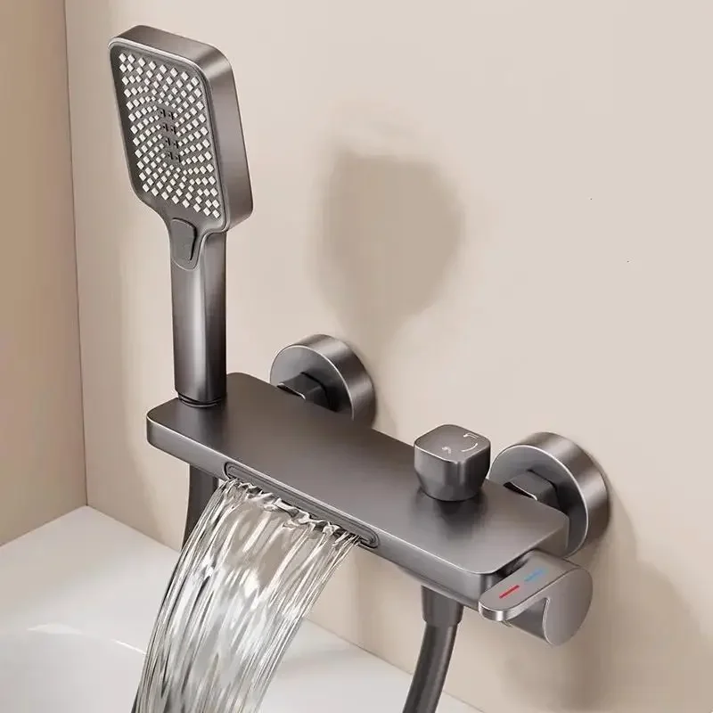 Bathroom Waterfall Bathtub Faucet With Three-Gear Hand-held Shower Head Wall Mounted Hot and Cold Mixer Tap Shower Set