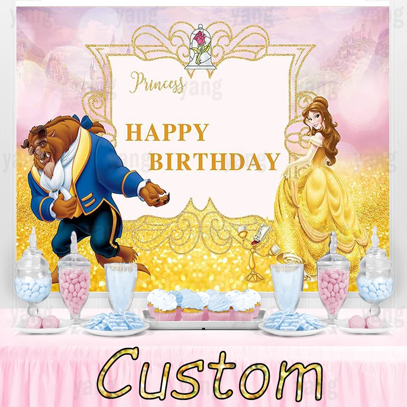 Disney Beauty and the Beast Belle Cartoon Princess Happy Birthday Party Decoration Children Girls Backdrop PropsBackground Vinyl