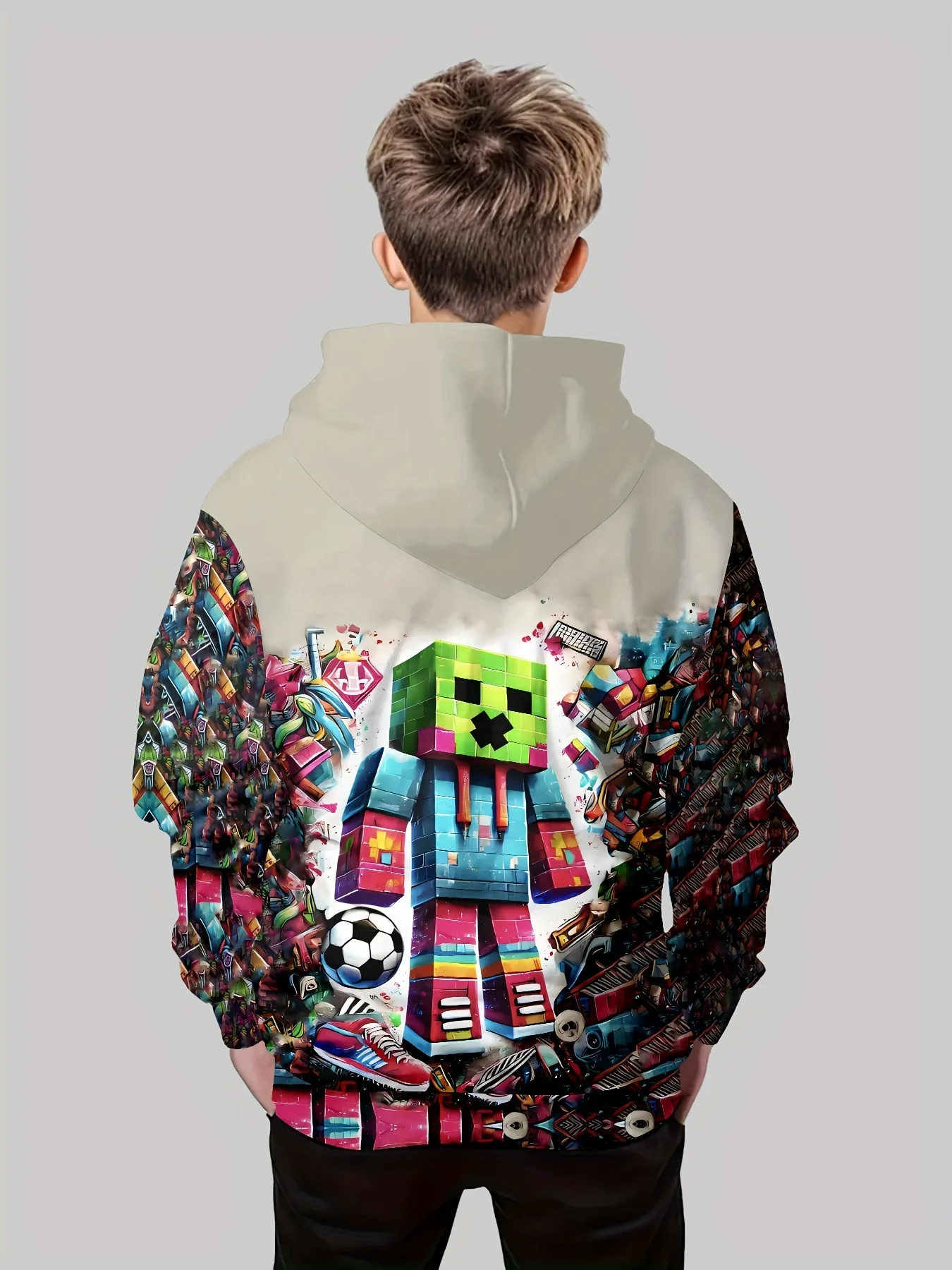 2025 New Fashionable Children's Casual Hoodie, 3D Printed Block Man Pattern Print, Daily Wear, Soft Texture, Comfortable Touch