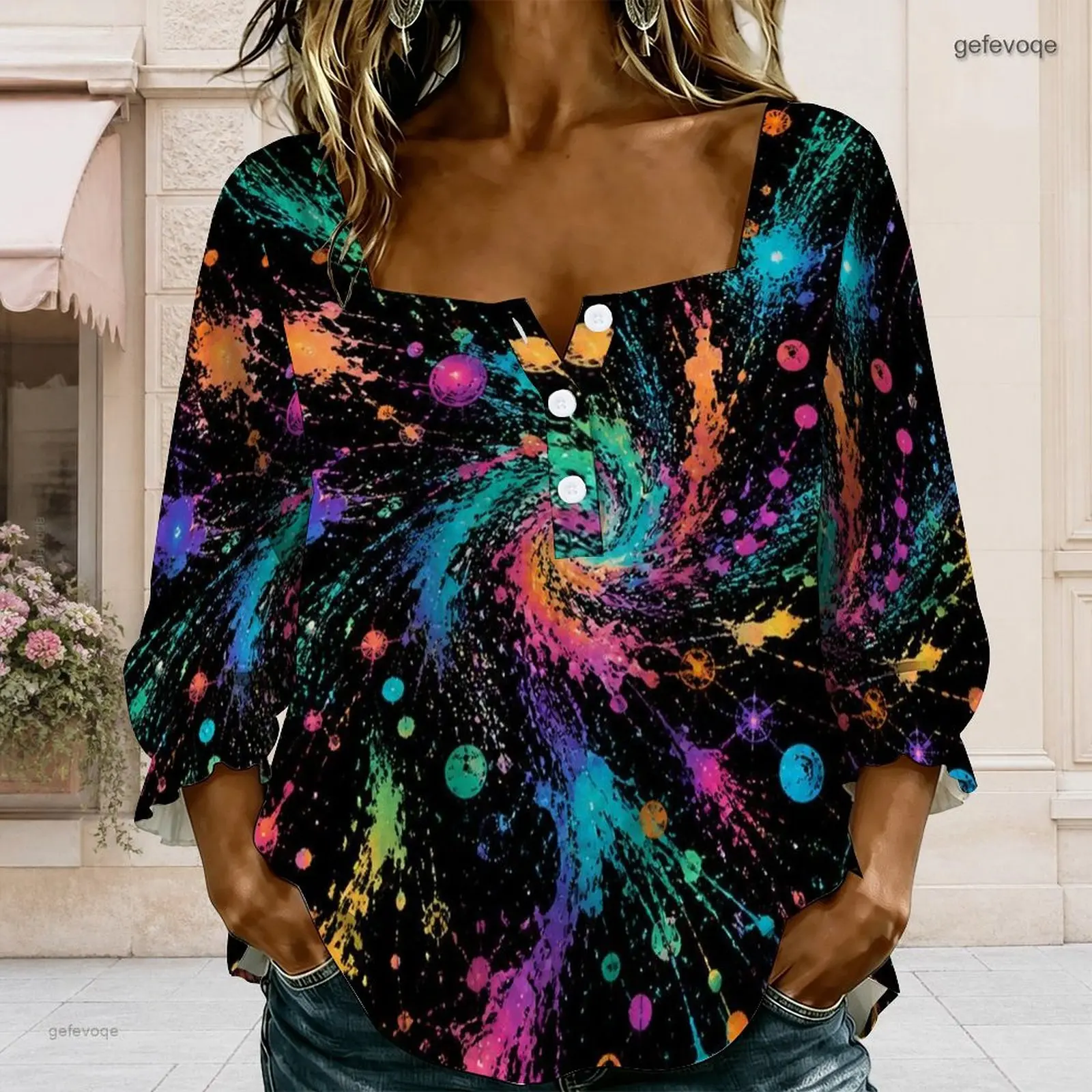 Printed Blouse for Women Square Neck Button Detail Long Sleeve Ruffle Cuffs