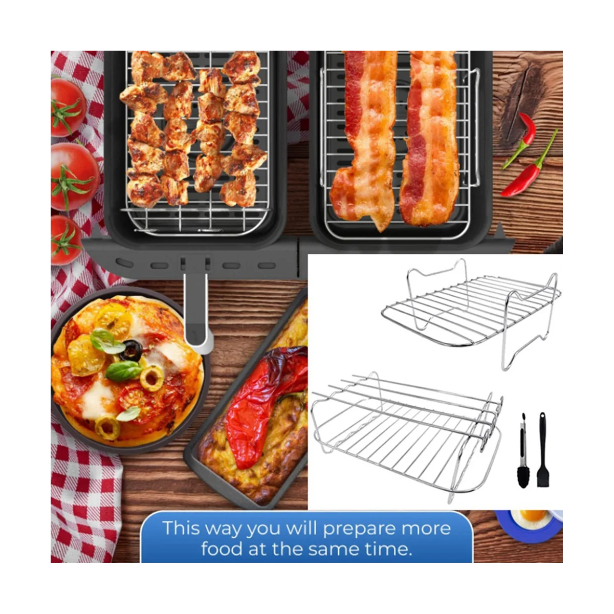 Rack for Ninja Dual , 2-Piece Rack with 4 Skewers, Brush and Clips, for Double Basket Air Fryers image 6