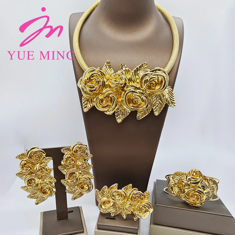 

YM Women Jewelry Set Luxury Gold Plated Necklace Pendant Big Flower Clip Earrings Elegant Bracelet Ring Wedding Jewellery Gifts