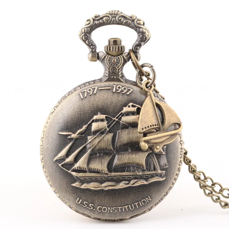 Reloj de bolsillo de cuarzo de gran tamaño con velero de bronce Retro, reloj de bolsillo con vela suave, collar en relieve clásico, adorno para examen de estudiante