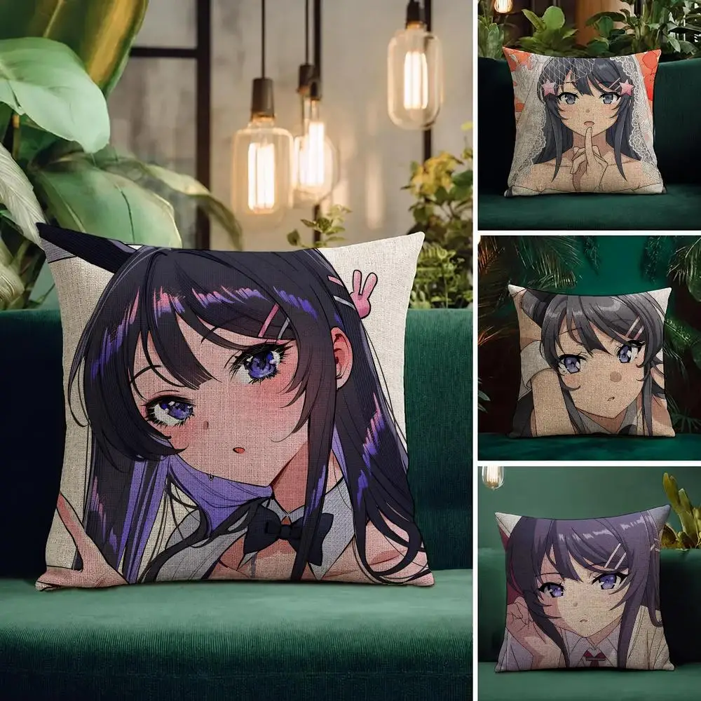Anime Bunny Girl Senpai Cushion Cover Natural Linen Pillowcase Set All-in-One Decor Cushion Cover for Sofa Bedroom Chair
