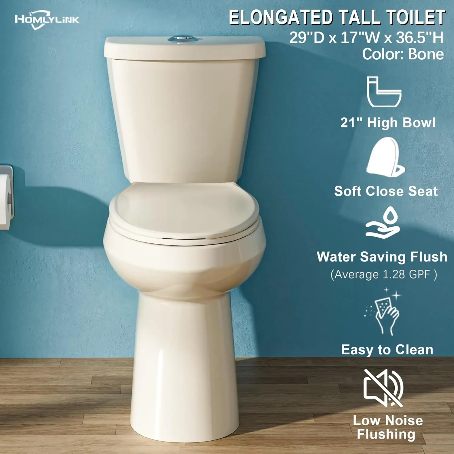 21 Inch Extra Tall Toilet For Seniors, Elongated High Toilet, Comfort Bowl Height Toilet, Seat Height 22 Inch, Two-Piece Dual