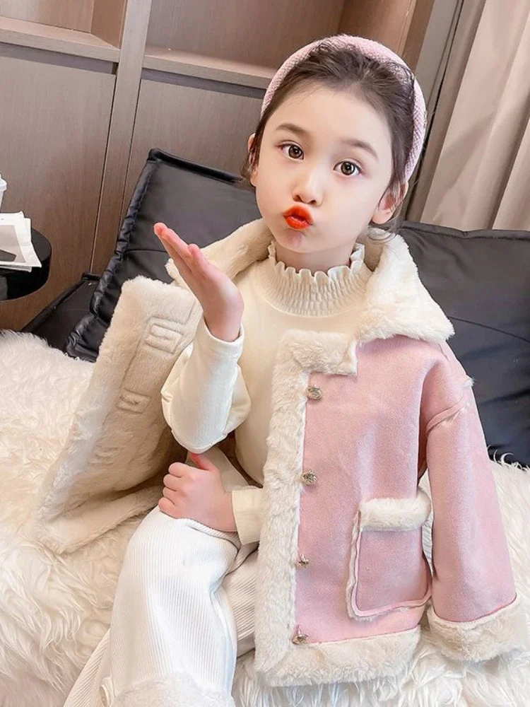 Girls Coat Fur One 2024 New Fleece Thickened Children Coat Foreign Style Baby Winter Simple Casual Coat Korean Simple Style