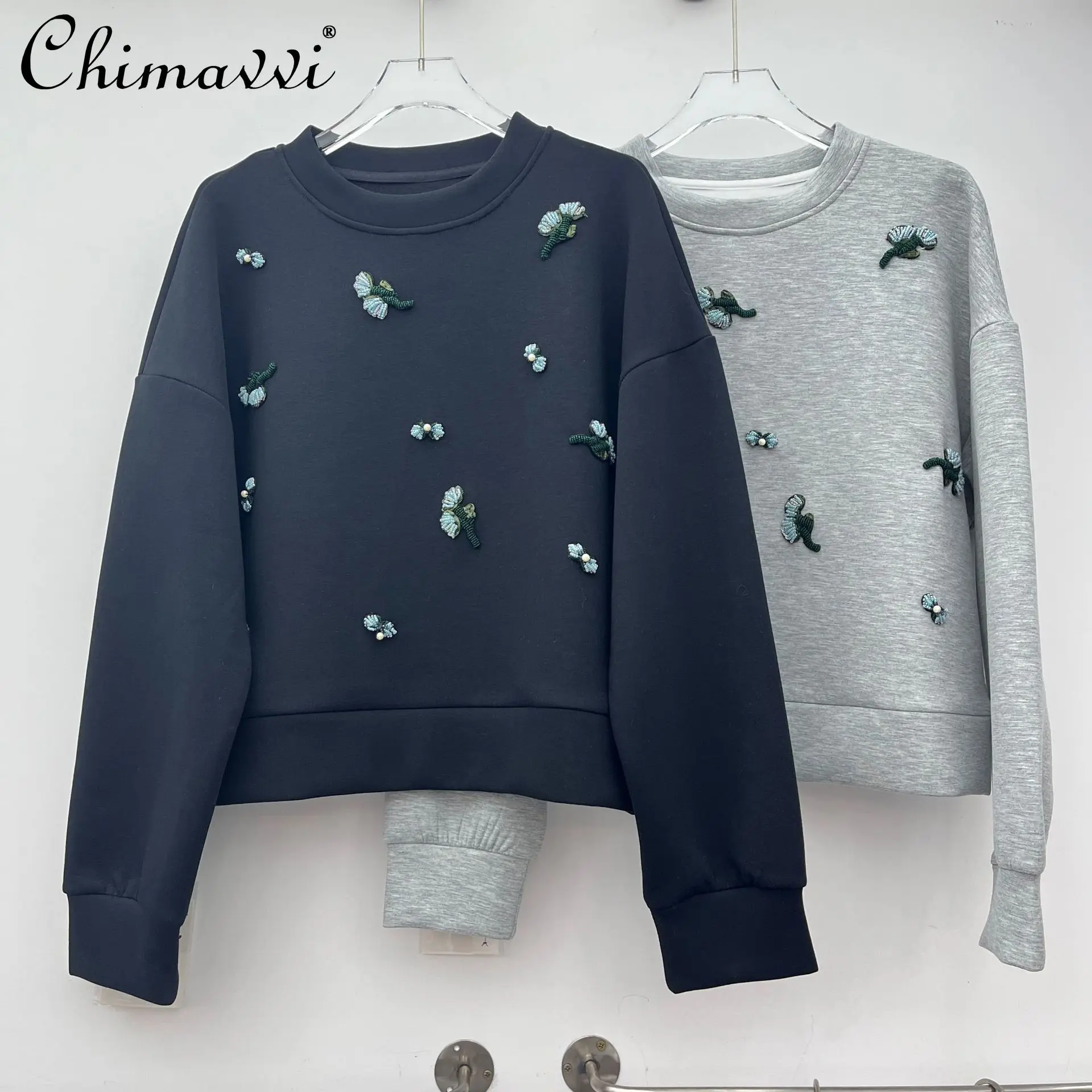 

2026 весенний корейский стиль, модный повседневный пуловер с круглым вырезом и длинными рукавами, топы, свободный универсальный свитшот с цветочным принтом из бисера для женщин