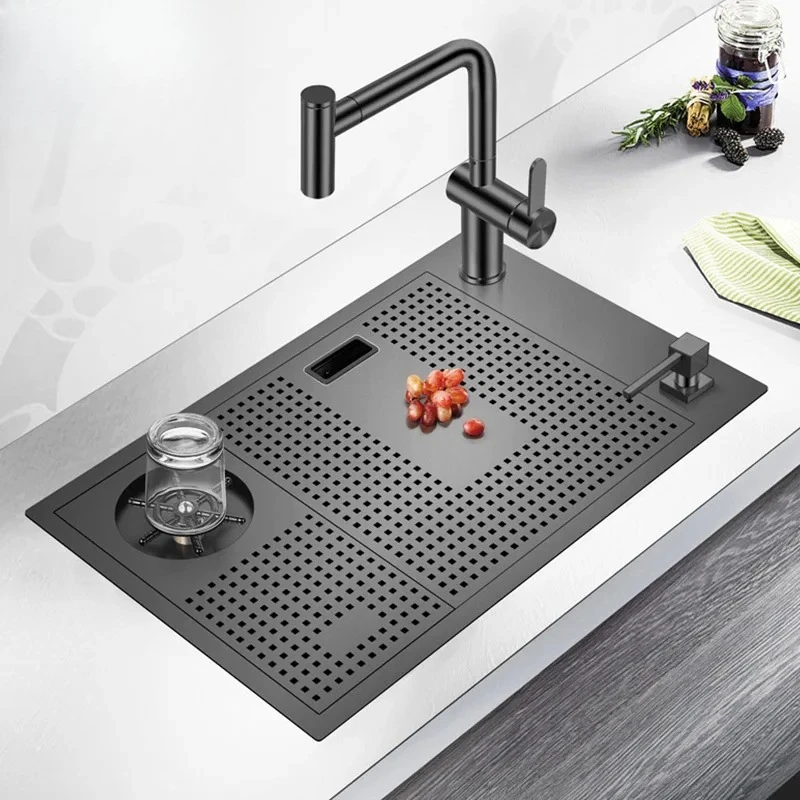 Black Nano Hidden Kitchen Sink 304 Stainless Steel 4mm Thickness Cup Rinser Bar Counter Kitchen Single Sink